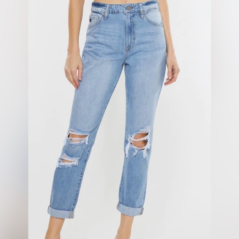 KANCAN WOMENS HIGH RISE MOM JEANS Size 15/31 Denim Distressed Classic casual‎